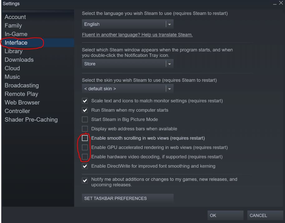 diabling gpu and hardware accelerated rendering in Steam to lower down CPU load
